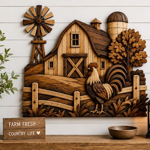 Puede incluir: Una pieza de arte mural de madera que muestra un granero, un molino de viento, un silo y un gallo frente a una valla. La escena está elaborada con tonos de madera en capas, representando un paisaje agrícola con árboles y campos.