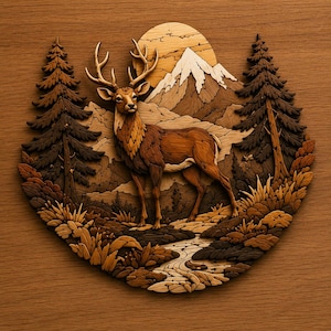 May include: A circular wooden wall art piece featuring a layered relief carving of a deer standing in a forest landscape. The scene includes tall pine trees, a winding stream, rocky terrain, and a snow-capped mountain peak under a large sun.