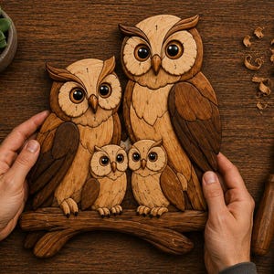 May include: A wooden wall art piece featuring a family of four owls perched on a branch, crafted from various shades of light and dark wood. The owls have large, dark, round eyes and detailed feather patterns, creating a layered, dimensional appearance.