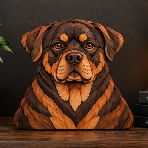 May include: A Rottweiler dog head sculpture crafted from layered dark and light brown wood pieces. The artwork features intricate textures, deep brown eyes, and a detailed snout, creating a three-dimensional appearance of the canine's face.