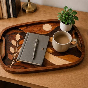 Puede incluir: Una bandeja de servicio ovalada de madera con un diseño de marquetería incrustada que muestra una rama con hojas, un sol circular y formas de paisaje abstractas en varios tonos de madera. La bandeja incluye dos asas laterales integradas.
