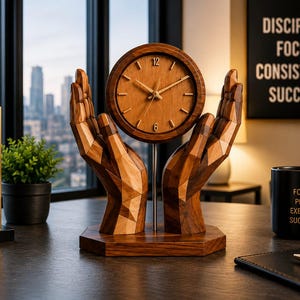 Peut inclure: Une horloge de bureau en bois avec un cadran circulaire soutenu par deux mains géométriques à facettes, fixée sur une base hexagonale. L'horloge possède des aiguilles fines dorées et des marqueurs numériques. Le grain du bois est visible.