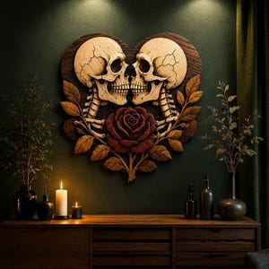 May include: A heart-shaped wooden wall art piece featuring two beige human skulls facing each other, positioned above a dark red rose with carved brown leaves. The intricate wood carving displays natural grain textures and detailed bone structures.
