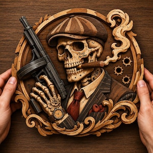 Puede incluir: Una pieza de arte mural circular de madera con un esqueleto tallado que lleva una gorra, traje y corbata. El esqueleto sostiene una ametralladora, fuma un cigarro con humo en espiral y tiene el texto Trust No One en la mandíbula. Bordes decorados.