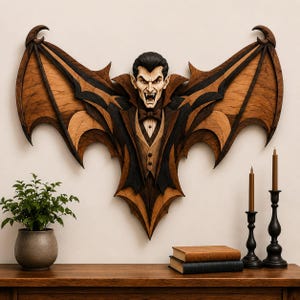 May include: A wall-mounted wooden art piece depicting a vampire with large, spread bat wings. The figure wears a formal suit with a bowtie and vest, rendered in layered shades of dark brown and light tan wood with sharp, pointed features.
