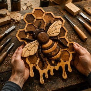 May include: A handcrafted wooden wall art piece featuring a three-dimensional bee resting on a honeycomb background. The bee is constructed from light and dark wood segments, while the honeycomb base displays a dripping honey effect at the bottom.