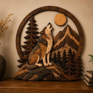 May include: A circular wooden wall art piece featuring a layered, multi-toned wood carving of a wolf howling at a round moon. The scene includes detailed pine trees and mountain peaks set within a dark wood frame accented with small metal studs.