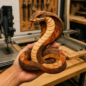 Peut inclure: Une sculpture de cobra en bois fabriquée à la main, présentant un corps segmenté composé de différentes nuances de bois clair, moyen et brun foncé. Le serpent est représenté en position dressée et enroulée avec une langue saillante.