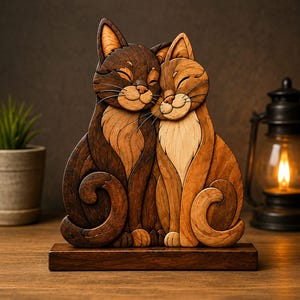 May include: A decorative wooden sculpture featuring two cats sitting side by side with their heads touching. The cats are crafted from layered wood pieces in varying shades of dark brown and light tan, mounted on a rectangular wooden base.