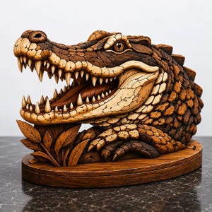 Op de afbeelding: Een uit hout gesneden sculptuur van een alligatorhoofd met de bek open, met scherpe tanden en een getextureerd, meerkleurig bruin oppervlak. De alligator is gemonteerd op een gladde, ovale houten voet en is voorzien van gedetailleerde schubben.