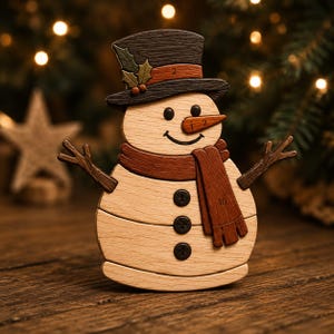Pode incluir: Uma figura de boneco de neve em madeira com uma cartola castanha escura decorada com folhas de azevinho, um cachecol castanho e três botões pretos. O nariz em forma de cenoura tem o número 2, a faixa do chapéu um 2 e o cachecol um 10.