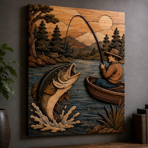 May include: A rectangular wooden wall art piece featuring a carved relief scene of a person in a small boat fishing on a lake. The image depicts a large fish jumping out of the water, pine trees, mountains, and a sun in the background.