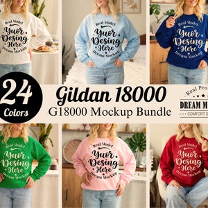 Paquete de maquetas Gildan 18000, maquetas de sudaderas estilo boho, 24 colores, G18000, modelo real, estética, cuello redondo, maqueta, jersey cómodo estilo boho chic, impresión bajo demanda (POD).