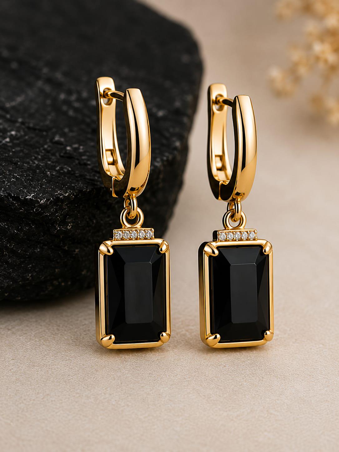 Black Onyx Emerald Cut Drop Hoop Earrings Gold Plated Geometric Dangle…