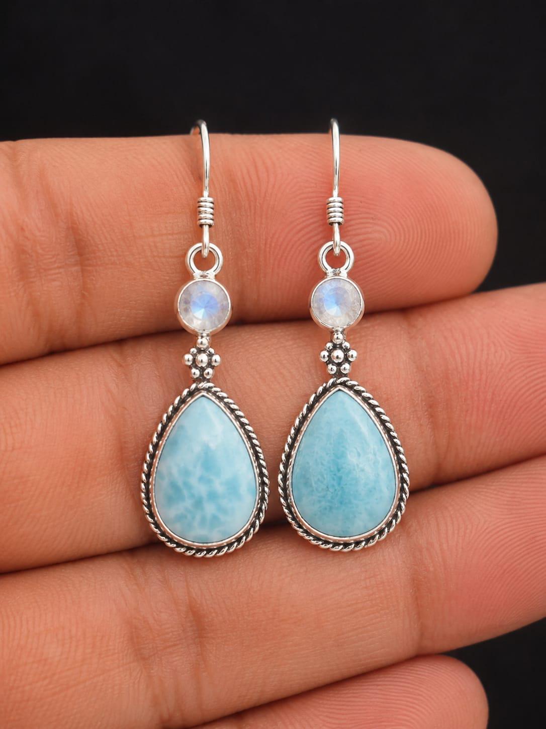 Larimar & Rainbow Moonstone Dangle Earrings Handmade Ocean Blue Gemstone Jewelry