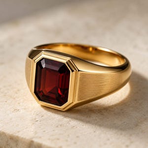 Op de afbeelding: Een gouden ring met een grote, rechthoekige, donkerrode edelsteen in een gepolijste zetting. De ringband heeft een geborstelde, matte afwerking, wat een contrast vormt met de gladde, reflecterende gouden zetting rondom de gefacetteerde steen.