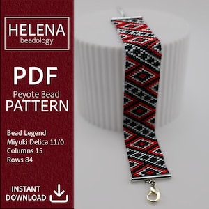 Może przedstawiać: Wzór koralikowy peyote w formacie PDF od HELENA beadology z geometrycznym wzorem w kolorze czerwonym, czarnym i białym. Wzór wykorzystuje koraliki Miyuki Delica 11/0 z 15 kolumnami i 84 rzędami. Obraz przedstawia gotową bransoletkę ze srebrnym zapięciem.