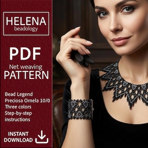 Może przedstawiać: Wzór do tkania siatkowego w formacie PDF od HELENA beadology z czarnym naszyjnikiem z koralików i pasującą bransoletką. Tekst zawiera Bead Legend, Preciosa Ornela 10/0, Three colors, Step-by-step instructions oraz INSTANT DOWNLOAD.