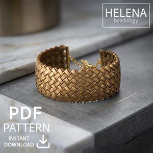 May include: A gold-toned woven bracelet featuring a repeating lattice pattern with small bead accents. The bracelet includes a gold metal clasp and a delicate chain extender. Text in the image reads HELENA beadology and PDF PATTERN INSTANT DOWNLOAD.