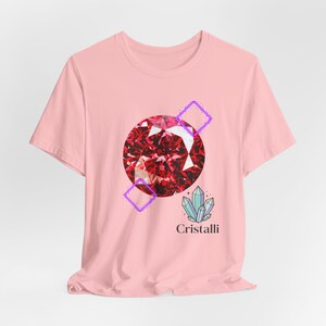 Red Gem Crystal Tee | Faceted Ruby Graphic, Pink Geometric Accents round diamond shape brilliant facets jewelry