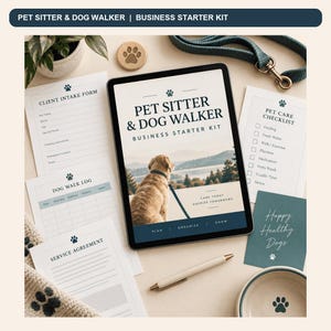 Peut inclure: Un kit de démarrage pour pet sitter et promeneur de chiens comprenant une tablette affichant un golden retriever, des formulaires imprimés pour l'accueil des clients, des journaux de promenade, des contrats, une liste de soins, une laisse, un stylo et une gamelle.