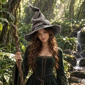 Puede incluir: Un vestido de terciopelo verde oscuro con mangas largas, corpiño con cordones y bordados dorados, combinado con un sombrero alto y puntiagudo de terciopelo gris. Un bastón de madera nudoso se sostiene en una mano, completando el conjunto rústico.