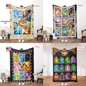 May include: Four rectangular fleece blankets featuring various colorful cartoon creature illustrations in grid layouts. Style 1 has a light border, Style 2 has a patchwork border, Style 3 has a black border with pokeballs, and Style 4 has a black gothic arch design.