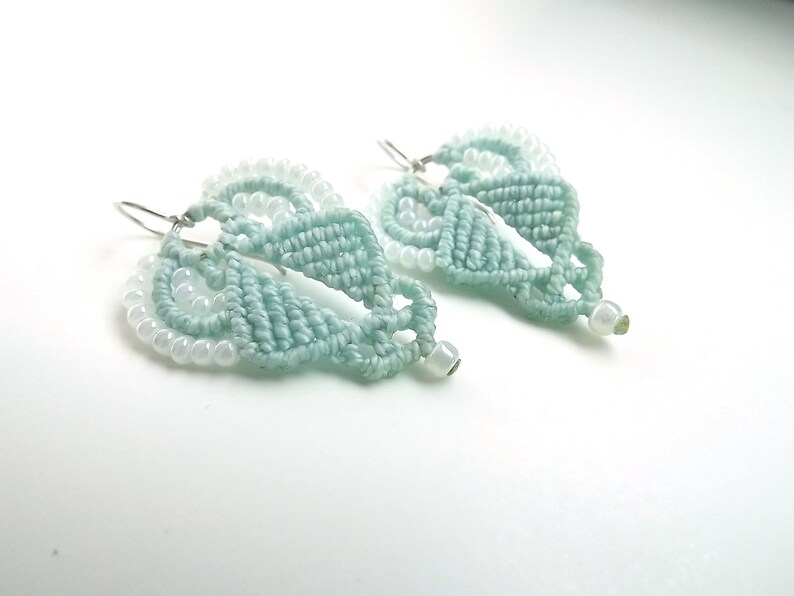 Macrame Earrings Mint With White Pearl Seed Beads Etsy