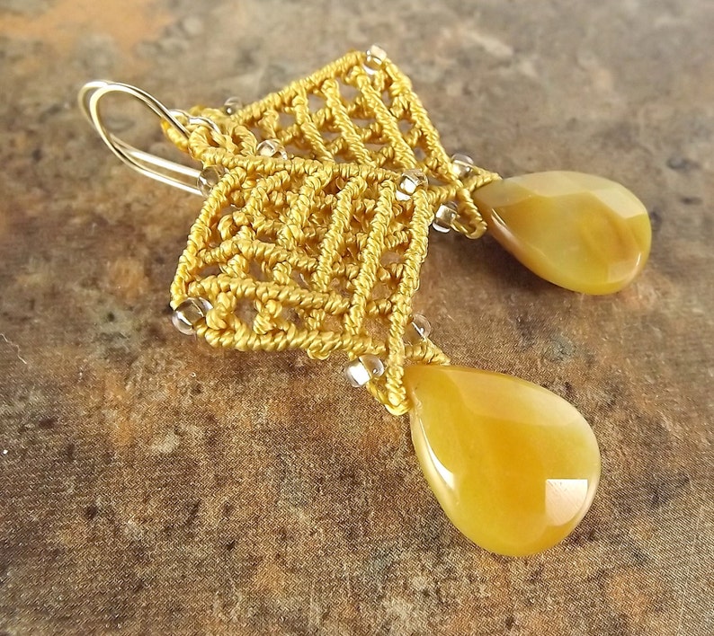 Macrame Earrings, Yellow Jasper Briolette Earrings With Marigold Thread Etsy