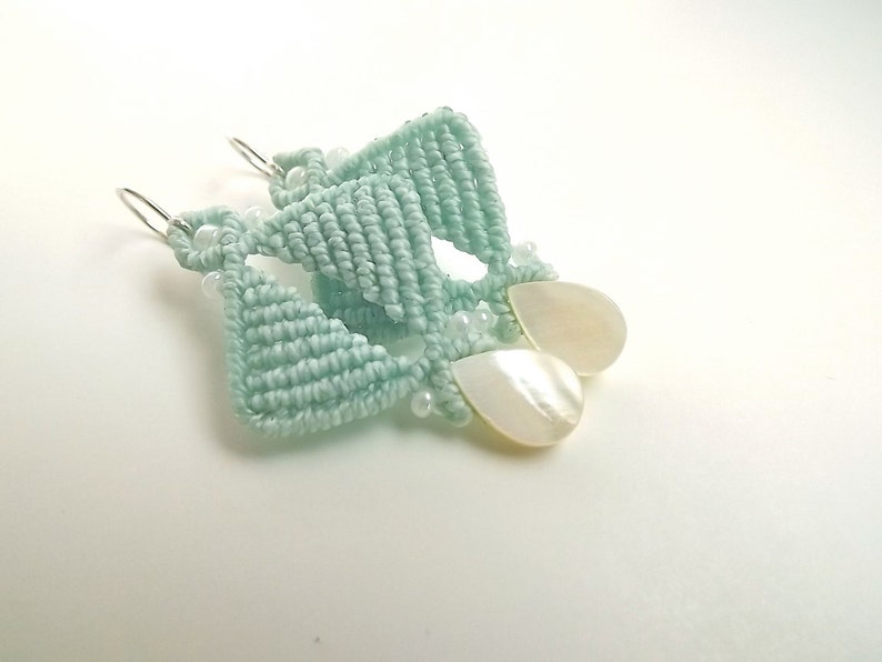 Macrame Earrings Mint With Mother of Pearl Teardrops Etsy