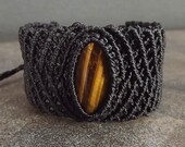Black Macrame Cuff with Tiger Eye Gemstone, Men's Macrame Bracelet