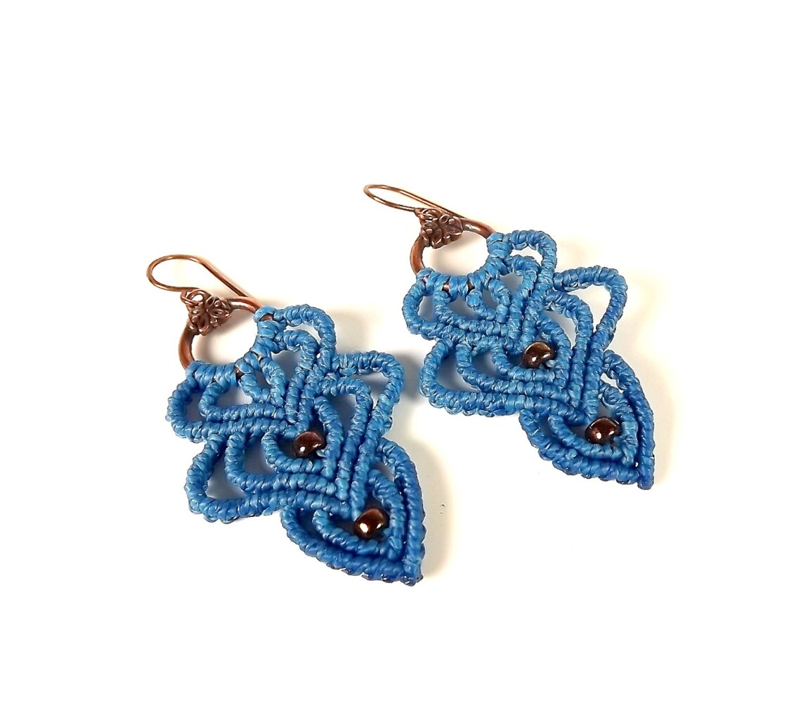 Macrame Earrings Blue Dangle Earrings With Bronze Seed Beads Etsy