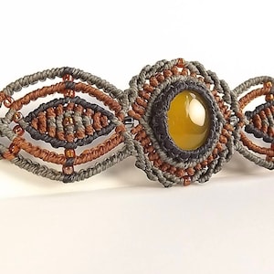 Macrame Bracelet, Yellow Onyx Bracelet, Yellow Chalcedony Bracelet, Autumn Bracelet, Grey, Brown, Golden Yellow