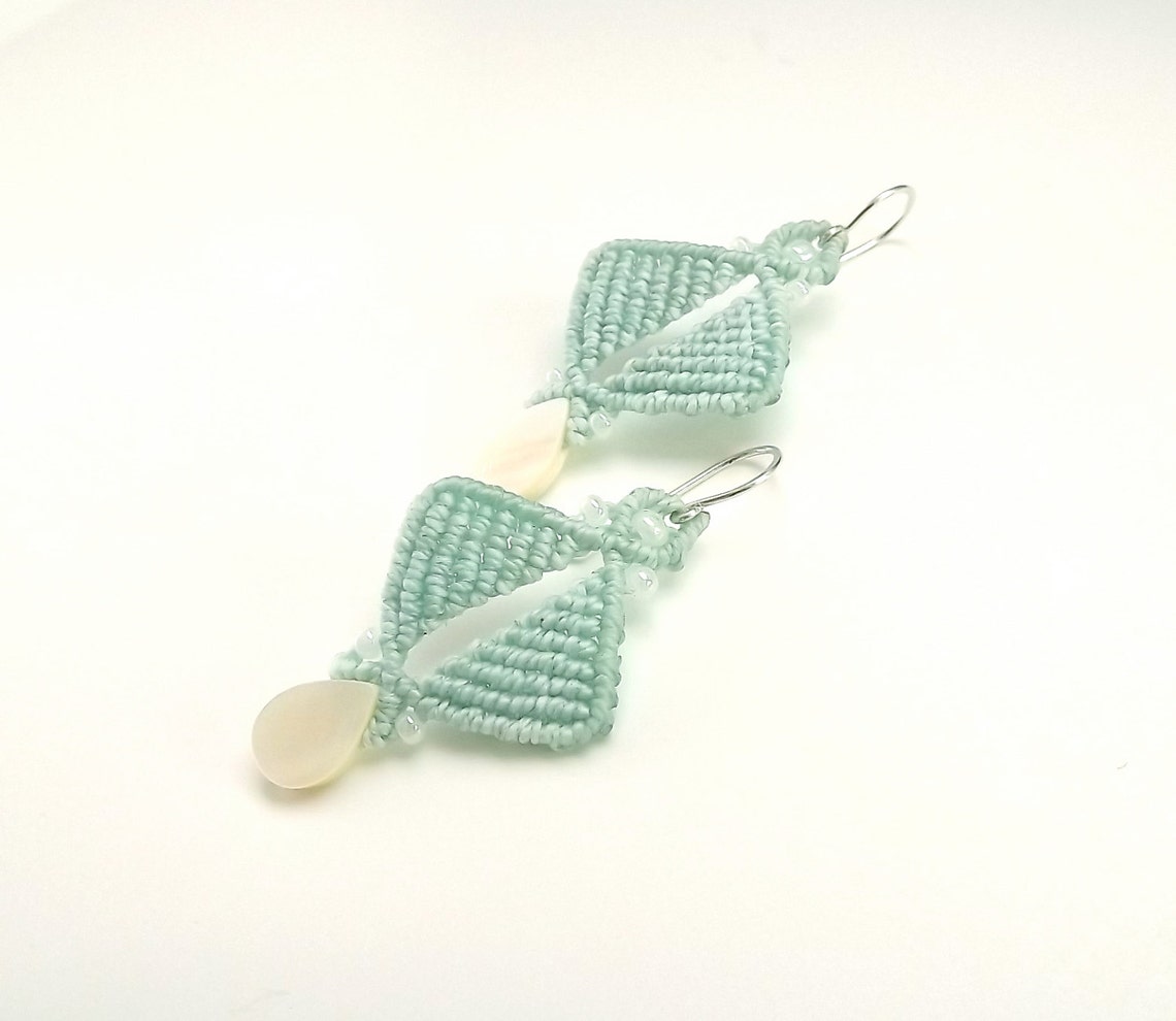 Macrame Earrings Mint With Mother of Pearl Teardrops Etsy