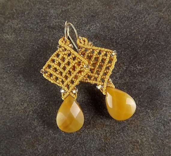 Macrame Earrings, Yellow Jasper Briolette Earrings with Marigold Thread