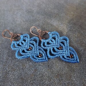 Macrame Earrings - Blue Dangle Earrings With Bronze Seed Beads