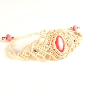 Macrame Bracelet, Rhodochrosite Bracelet with Light Beige Thread