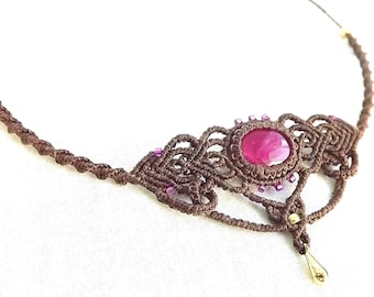 Macrame Choker, Macrame Tiara, Ruby Pink Beryl Choker, Macrame Necklace