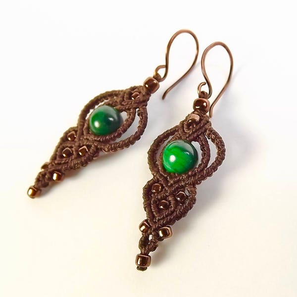 Macrame Earrings, Brown with Natural Malachite Beads and Metallic Bronze Seed Beads