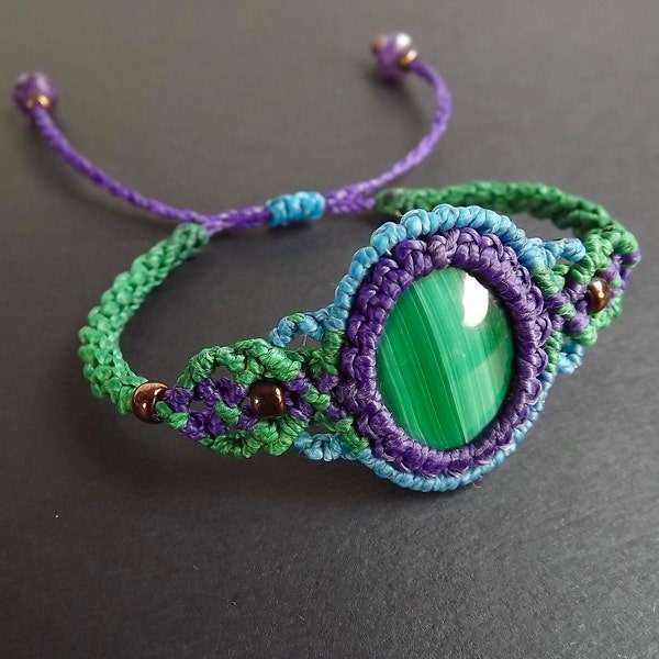 Macrame Bracelet, Boho Bracelet, Malachite with Purple, Green, and Blue Thread