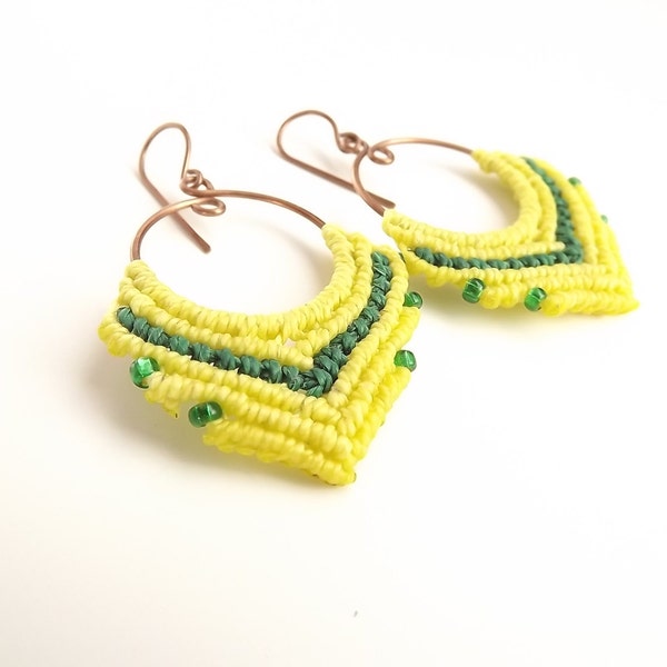 Macrame Earrings - Hoop Earrings, Green And Yellow Earrings On Antique Copper Hoops