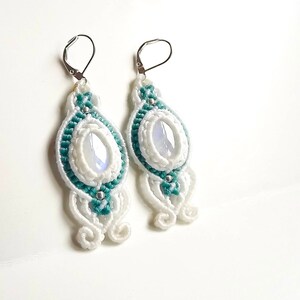 Moonstone Macrame Earrings - White and Aqua Thread