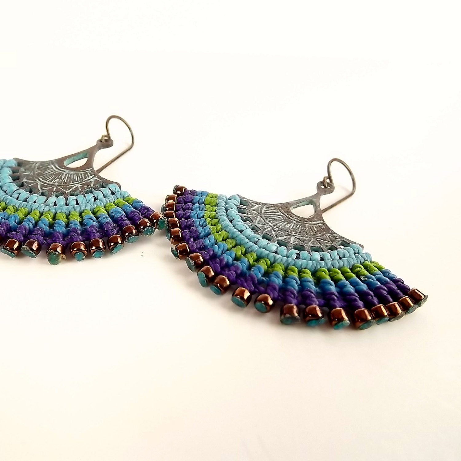 Macrame Earrings Fan Earrings Patina Earrings Peacock - Etsy