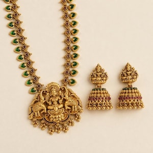 Lakshmi Temple Long Necklace & Jhumka Set