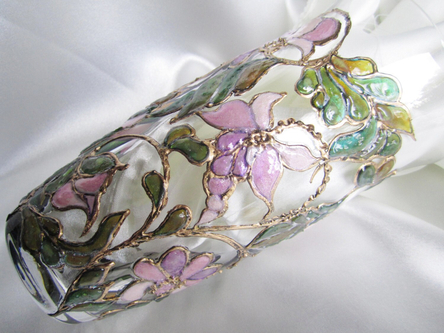 Wisteria Hand Painted Glass Vase OOAK Art Nouveau Inspired Etsy