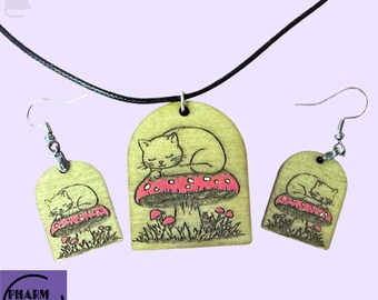 Cat Napping on Mushroom Jewelry Set SVG, Laser Cut File
