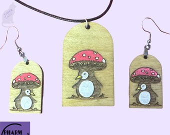 Penguin Mushroom Hat Jewelry Set SVG File, Laser Cut Pendant Earrings (Digital Download)