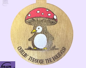 Penguin Ornament SVG | Mushroom Hat, Funny Christmas Decor (Laser Cut File)
