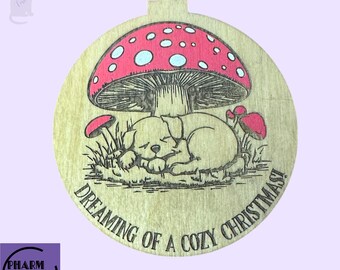 Dog Napping Under Mushroom Ornament SVG, Pet Lover Christmas Decor (Laser Cut File)