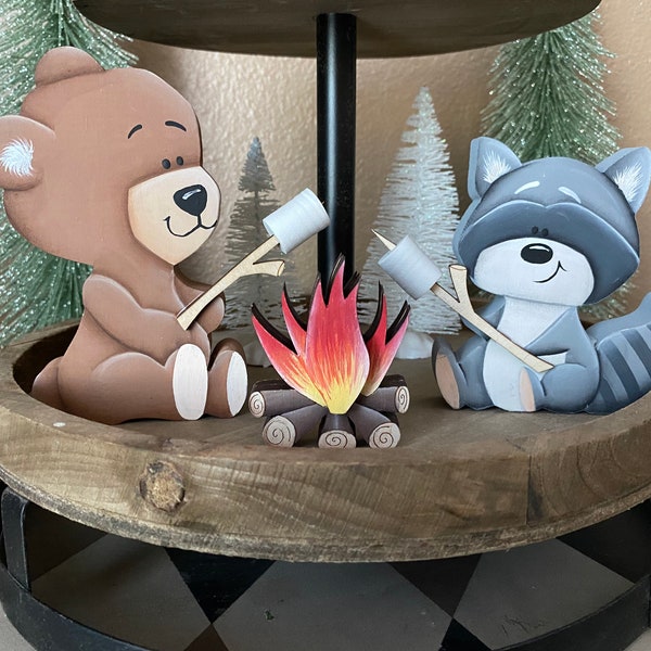 S'mores Tiered Tray Decor: Hand-Painted Bear & Raccoon Mini Sign